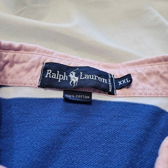 Vintage 90s Ralph Lauren Men's Striped Polo Pink Collar Button Down Blue Shirt - Picture 4 of 9